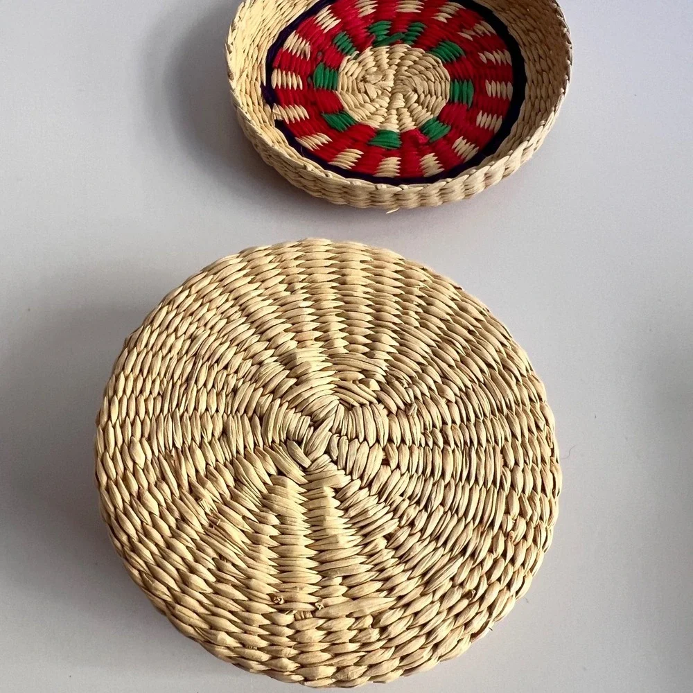 Vintage Handwoven Straw Trinket Basket with Lid Red Green Purple Boho Decor